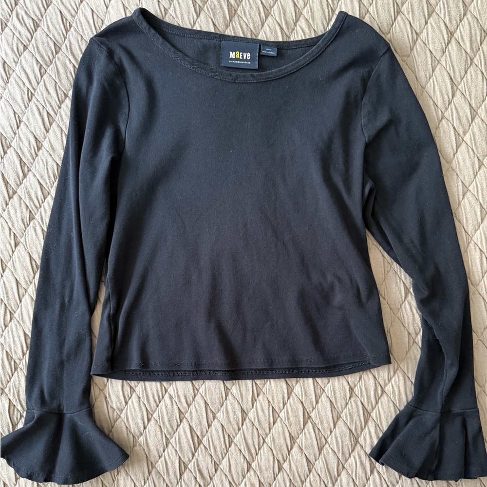 Anthropologie Black Bell Sleeve Ruffled Blouse